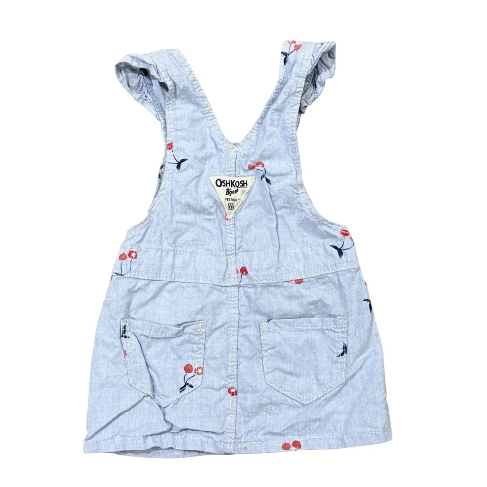 OshKosh Bgosh Baby Girl Blue Seersucker Cherry Print Overall Jumper Dress 6M